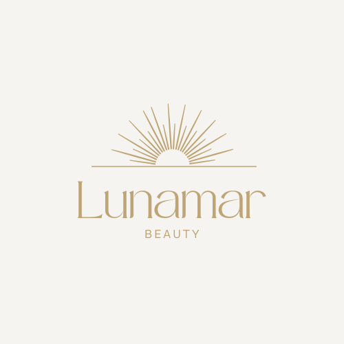 Lunamar Beauty gold sunrise logo and serif wordmark on cream background, premium foot care